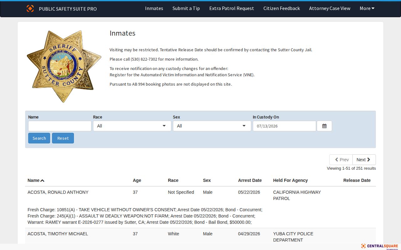 Sutter County Jail released inmates Zuercher custody portal